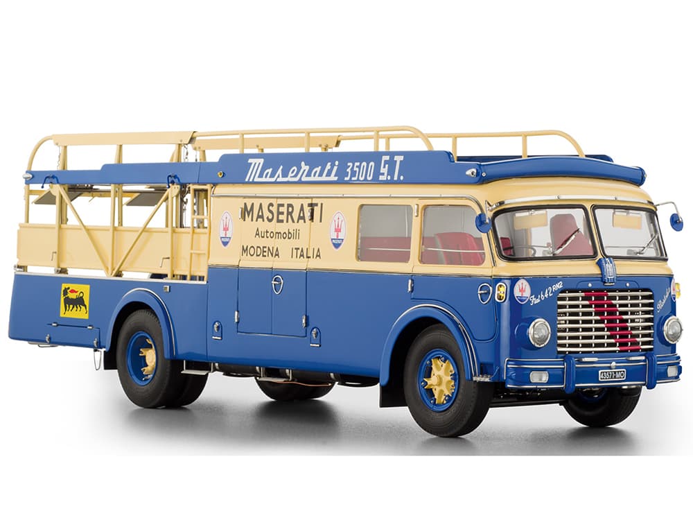 Fiat 642 RN2 Bartoletti Car Transporter "Maserati Racing" Blue and Cream 1/18 Diecast Model Car by CMC