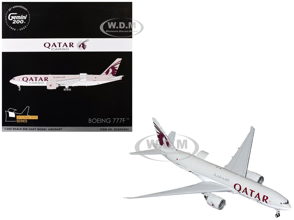 Boeing 777F Commercial Aircraft "Qatar Cargo" (A7-BFT) Gray with Tail Graphics "Gemini 200 - Interactive" Series 1/200 Diecast Model Airplane by Gemi