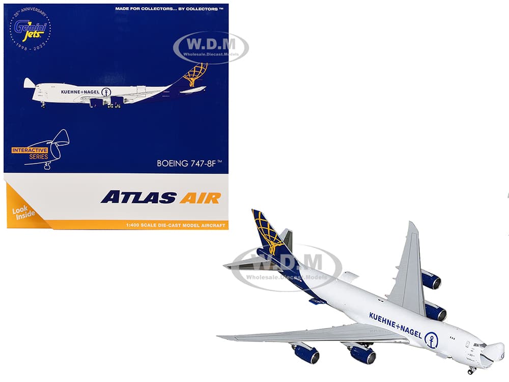 Boeing 747-8F Commercial Aircraft "Atlas Air - KuehneNagel" (N862GT) White with Blue Tail "Interactive Series" 1/400 Diecast Model Airplane by Gemini