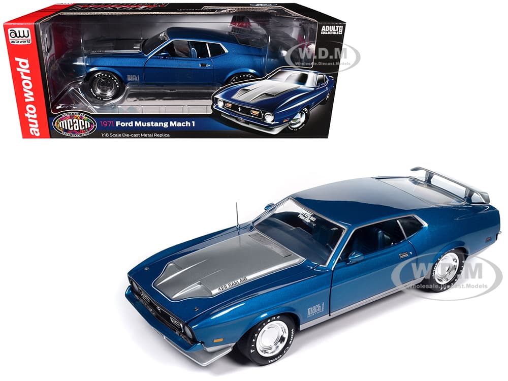 1971 Ford Mustang Mach 1 Blue Metallic with Silver Hood "Muscle Car &amp; Corvette Nationals" (MCACN) "American Muscle" Series 1/18 Diecast Model Car