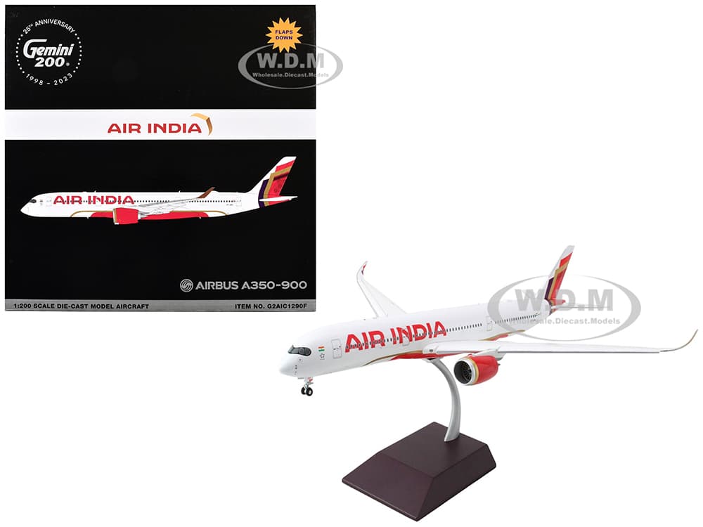 Airbus A350-900 Commercial Aircraft with Flaps Down "Air India" (VT-JRH) White with Striped Tail "Gemini 200" Series 1/200 Diecast Model Airplane by