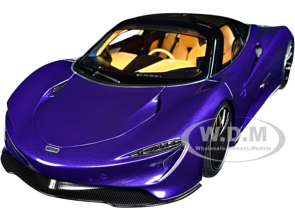 McLaren Speedtail Lantana Purple Metallic with Black Top and Yellow Interior and Suitcase Accessories  1/18 Model Car by Autoart