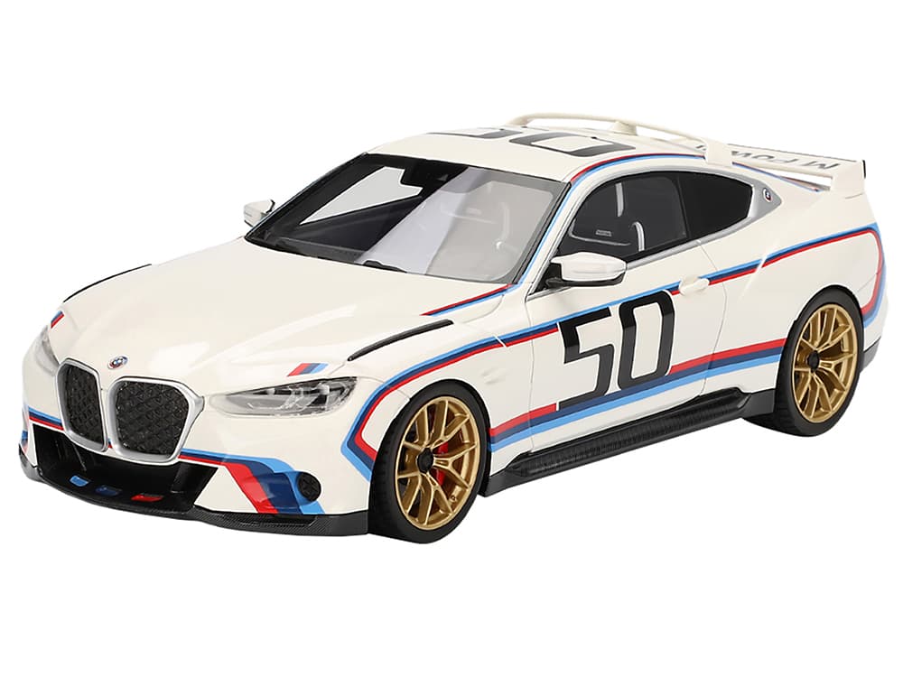 BMW M4 3.0 CSL 50 White with Blue and Red Stripes 1/18 Model Car by Top Speed