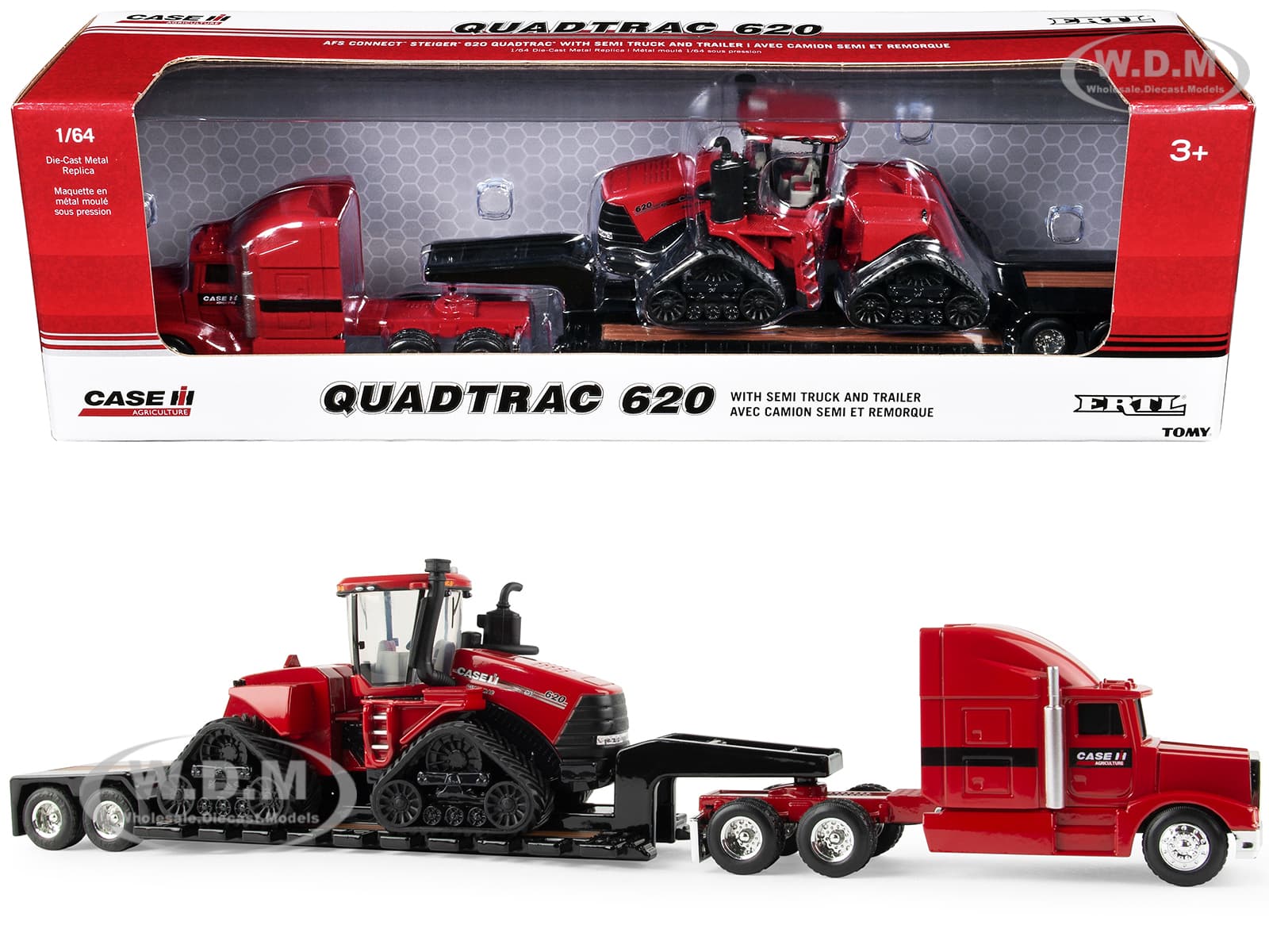 Semi Truck Red with Flatbed Trailer and Case IH Quadtrac 620 Tractor Red "Case IH Agriculture" Series 1/64 Diecast Models by ERTL TOMY
