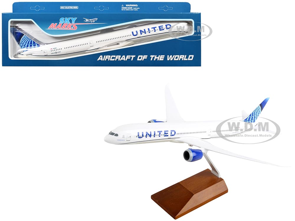 Boeing 787-10 Dreamliner Commercial Aircraft "United Airlines" (N12010) White with Blue Tail and Wood Stand (Snap-Fit) 1/200 Plastic Model by Skymark