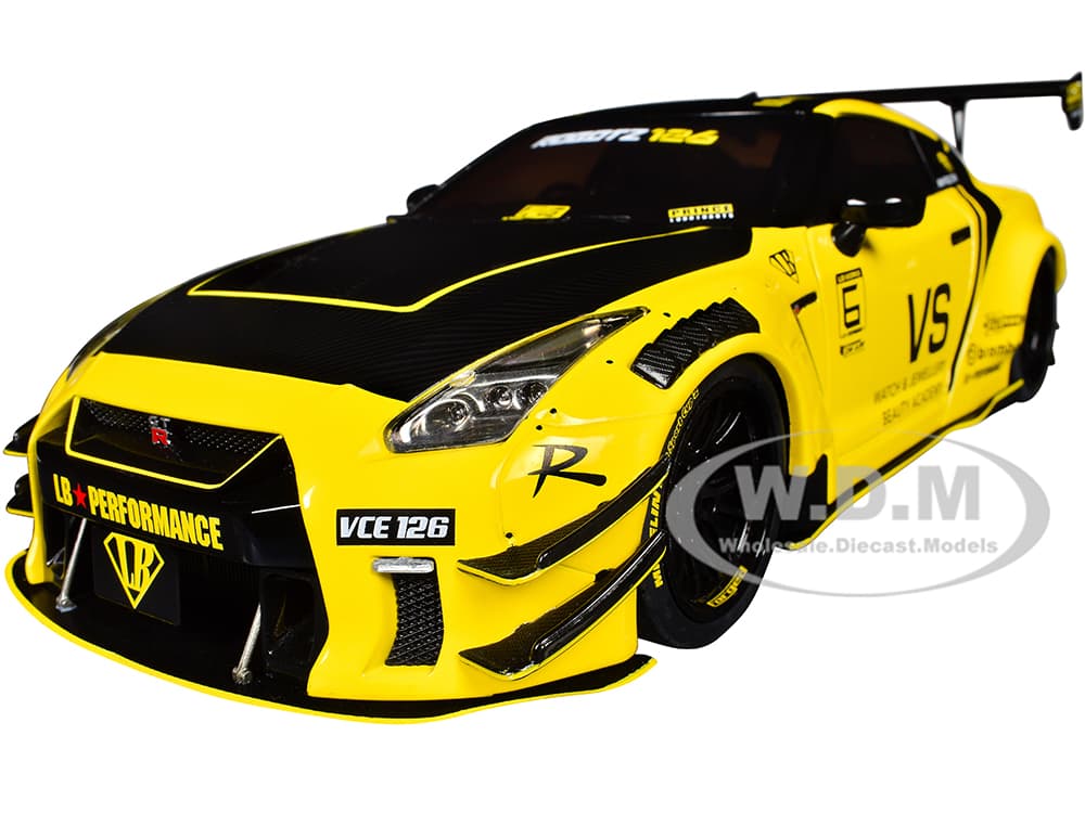 Nissan Skyline GT-R (R35) Liberty Walk Body Kit 2.0 RHD (Right Hand Drive) Yellow with Black Hood and Top 1/18 Diecast Model Car by Solido