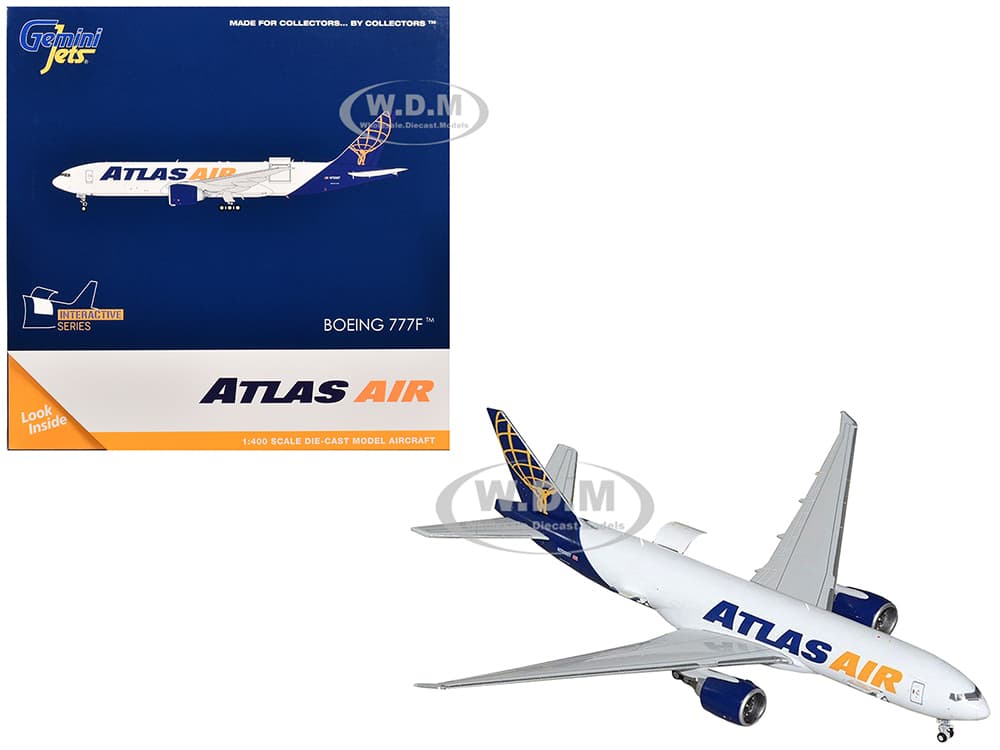 Boeing 777-200LRF Commercial Aircraft "Atlas Air" (N703GT) White with Blue Tail "Interactive Series" 1/400 Diecast Model Airplane by GeminiJets