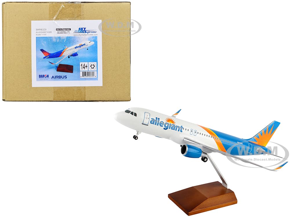 Airbus A320 Commercial Aircraft with Landing Gear "Allegiant Air" (N246NV) White and Blue with Orange Stripes (Snap-Fit) 1/100 Plastic Model by Skyma