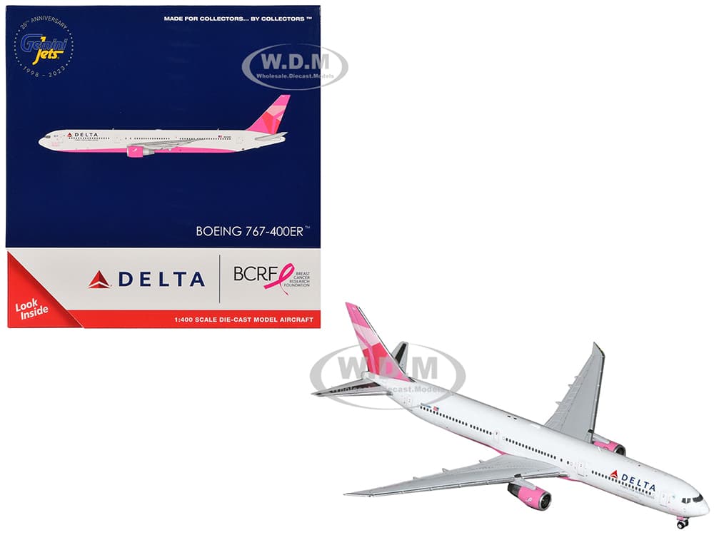 Boeing 767-400ER Commercial Aircraft "Delta Air Lines - Breast Cancer Research Foundation" (N845MH) White with Pink Tail 1/400 Diecast Model Airplane