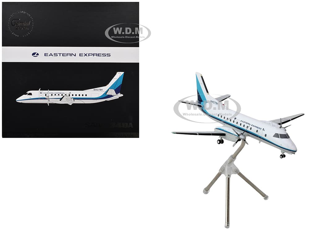Saab 340A Commercial Aircraft "Eastern Express/Bar Harbor" (N407BH) White with Blue Stripes "Gemini 200" Series 1/200 Diecast Model Airplane by Gemin