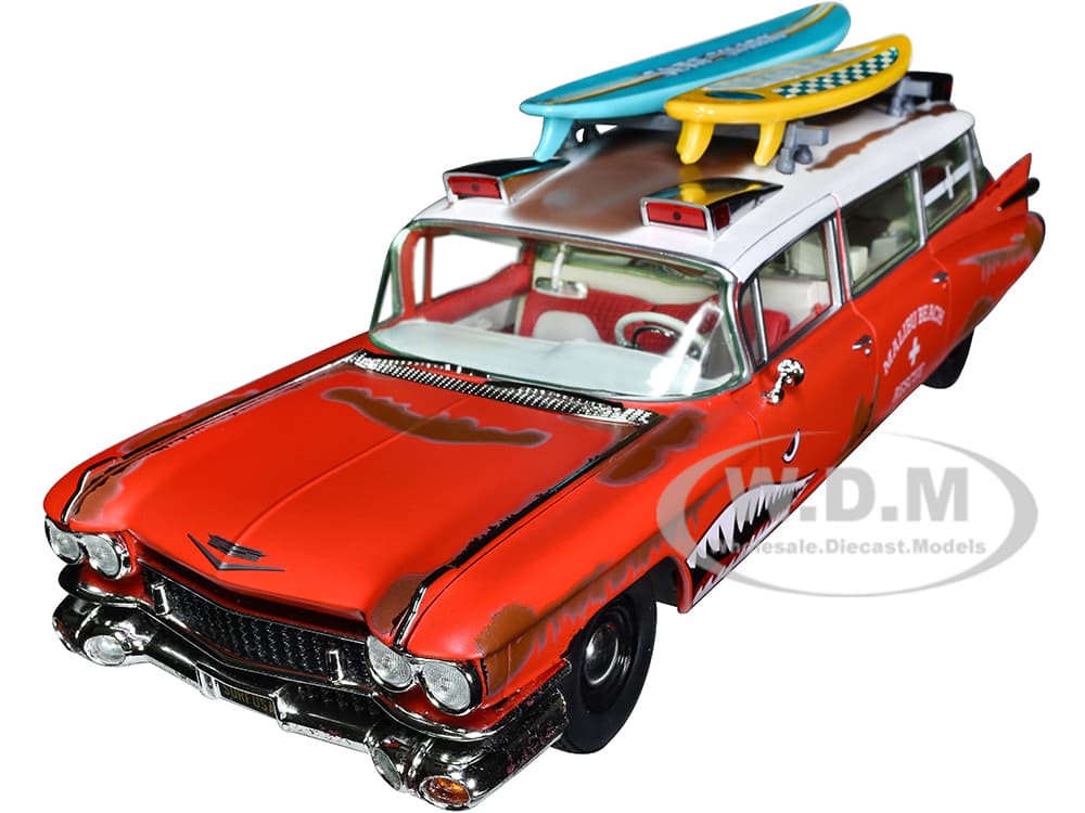 1959 Cadillac Eldorado Ambulance Red with White Top "Malibu Beach Rescue" (Weathered) with Surfboards on Roof "Surf Shark" 1/18 Diecast Model Car by