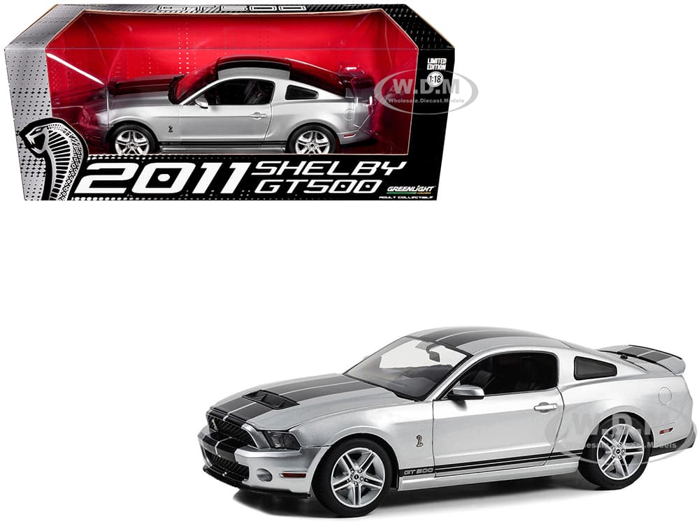 2011 Shelby GT500 Ingot Silver Metallic with Black Stripes 1/18 Diecast Model Car by Greenlight