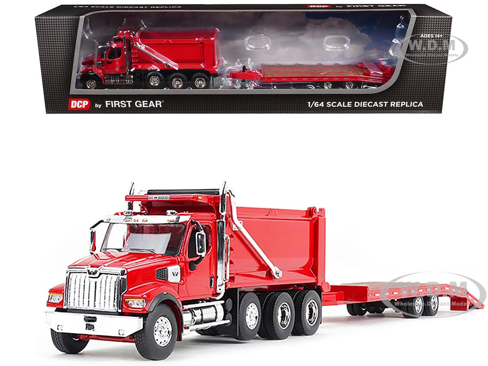 Western Star 49X Truck with Ox Bodies Dump &amp; Beaver Tail Trailer Viper Red 1/64 Diecast Model by DCP/First Gear