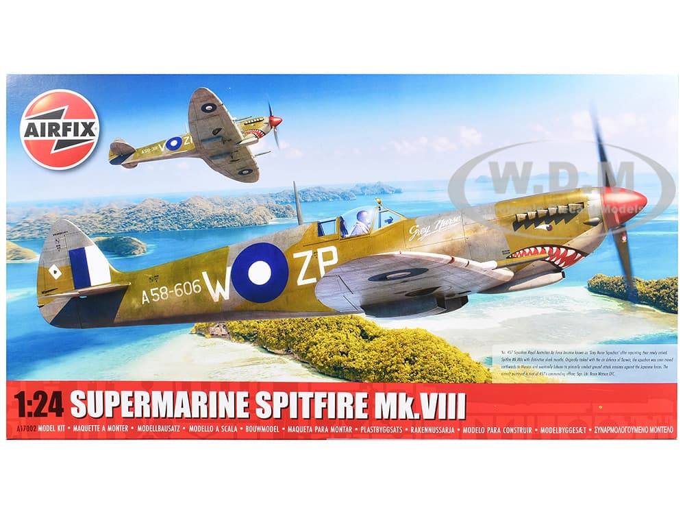 Level 4 Model Kit Supermarine Spitfire Mk.VIII Fighter Aircraft with 3 Scheme Options 1/24 Plastic Model Kit by Airfix