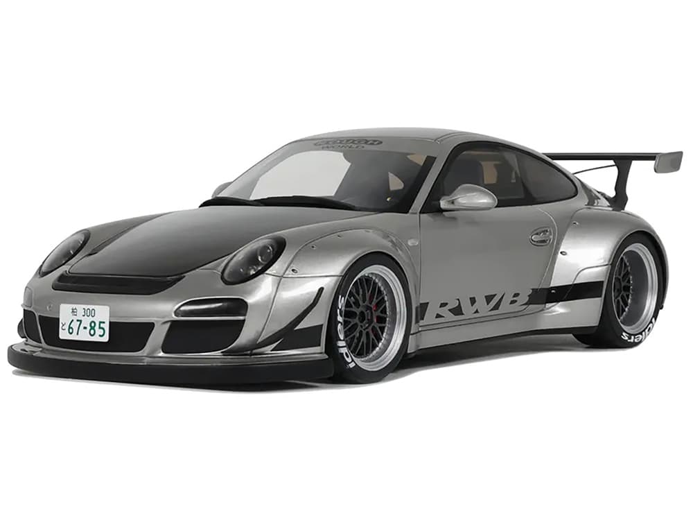 2024 Porsche 911 RWB Abu Silver Metallic with Black Hood 1/18 Model Car by GT Spirit