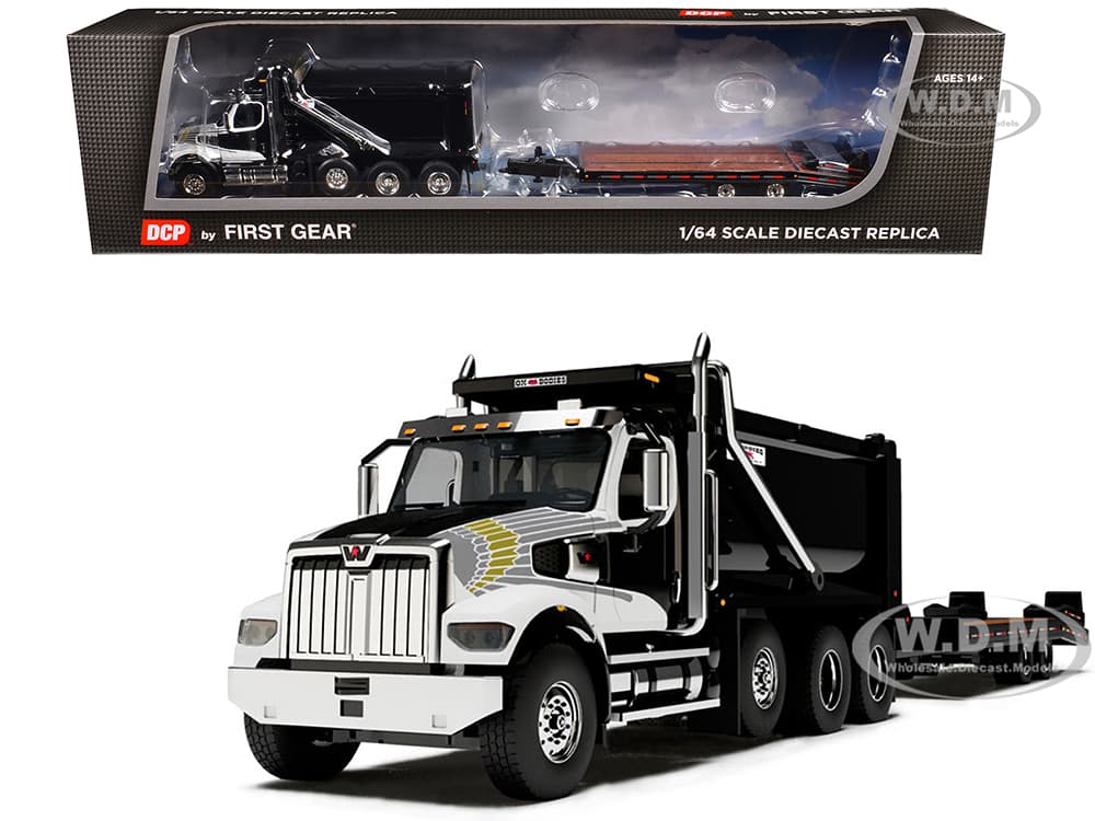 Western Star 49X Truck with Ox Bodies Dump &amp; Beaver Tail Trailer Black with White Graphics 1/64 Diecast Model by DCP/First Gear
