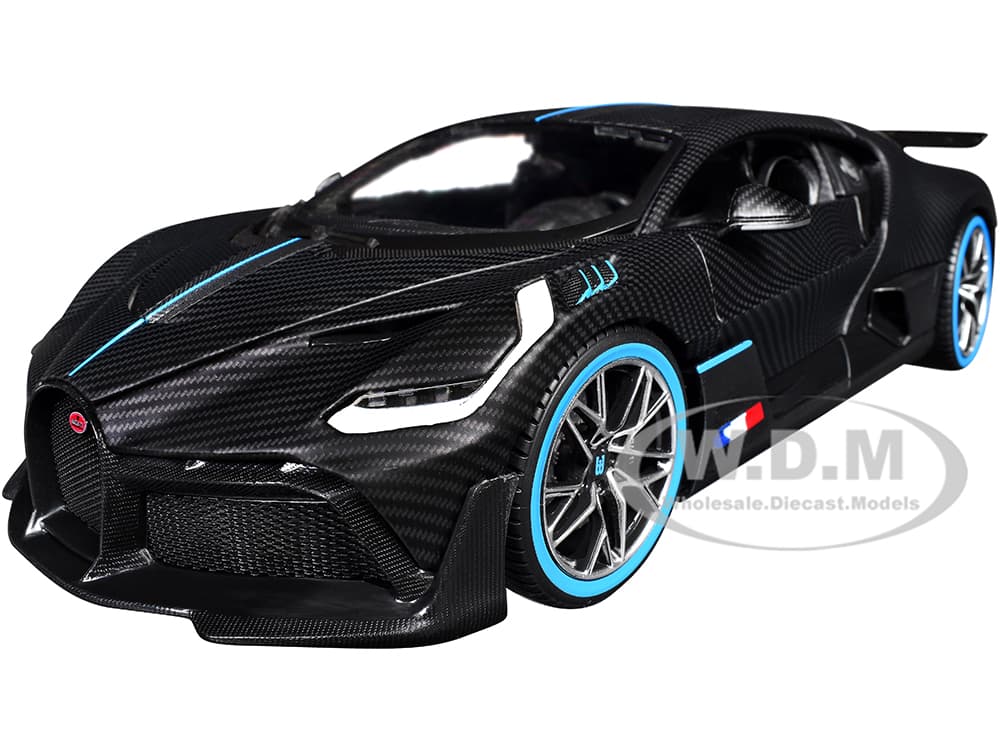 Bugatti Divo Carbon Fiber with Blue Accents "Carbon Series - Bburago 50th Anniversary" 1/18 Diecast Model Car by Bburago
