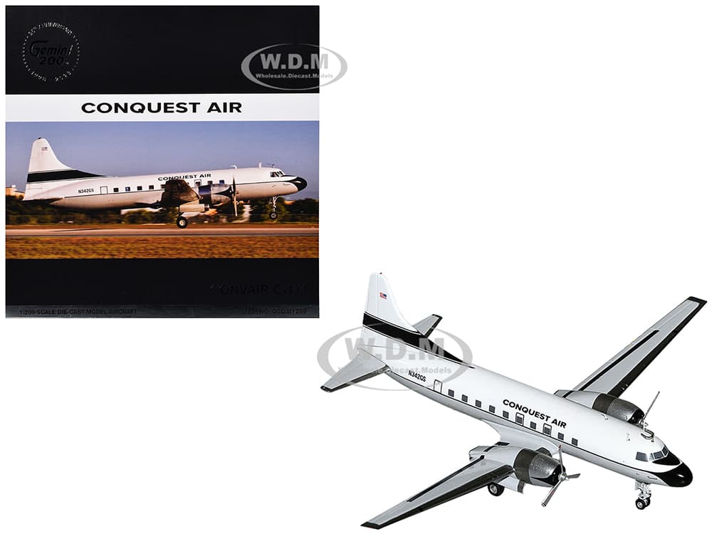 Convair C-131 Commercial Aircraft "Conquest Air Cargo" (N342GS) White with Black Tail Stripes "Gemini 200" Series 1/200 Diecast Model Airplane by Gem
