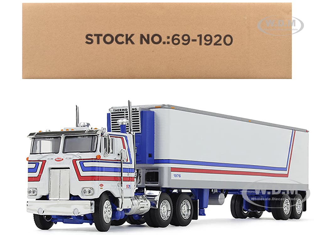 Peterbilt 352 COE 86" Sleeper and 40 Vintage Refrigerated Trailer White with Blue and Red Stripes "Bicentennial Patriot" 1/64 Diecast Model by DCP/Fi