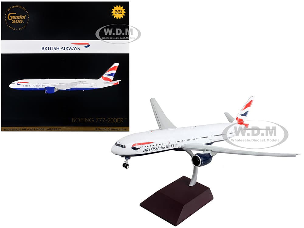 Boeing 777-200ER Commercial Aircraft with Flaps Down "British Airways" White with Striped Tail "Gemini 200" Series 1/200 Diecast Model Airplane by Ge