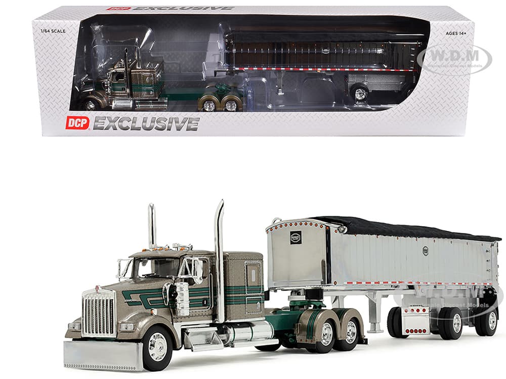 Kenworth W900L with 60" Flat Top Sleeper and MAC Coal End Dump Trailer "D&amp;D Hauling &amp; Excavating" Tan Metallic with Green Stripes 1/64 Diecas