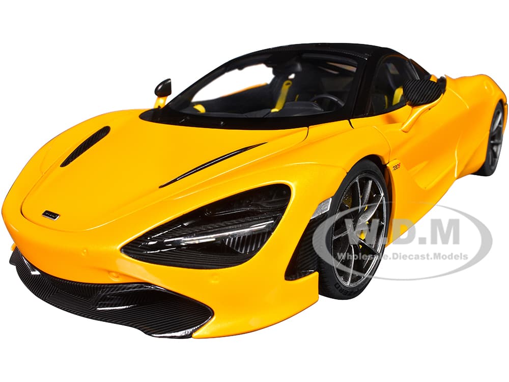 McLaren 720S Volcano Yellow with Black Top and Carbon Accents 1/18 Model Car by Autoart