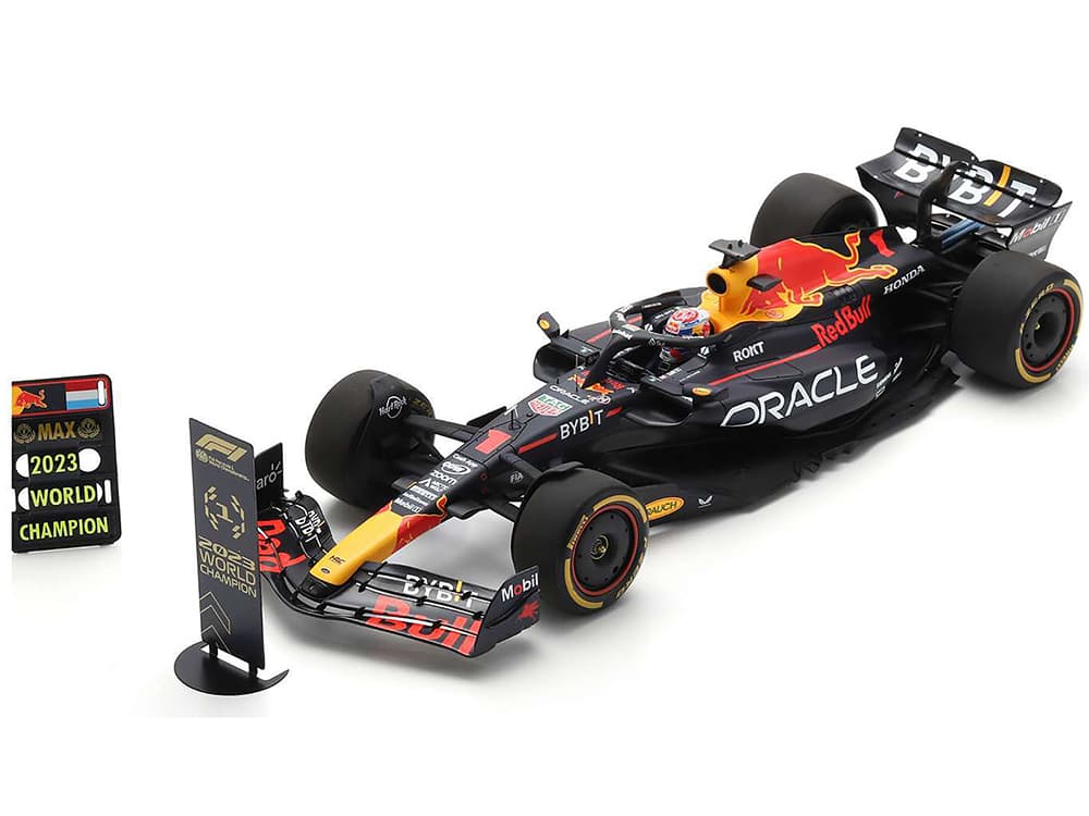 Red Bull Racing RB19 1 Max Verstappen "Oracle" 2nd Place Formula One F1 "Qatar Sprint Race" (2023) with Number and Pit Board and Acrylic Display Case