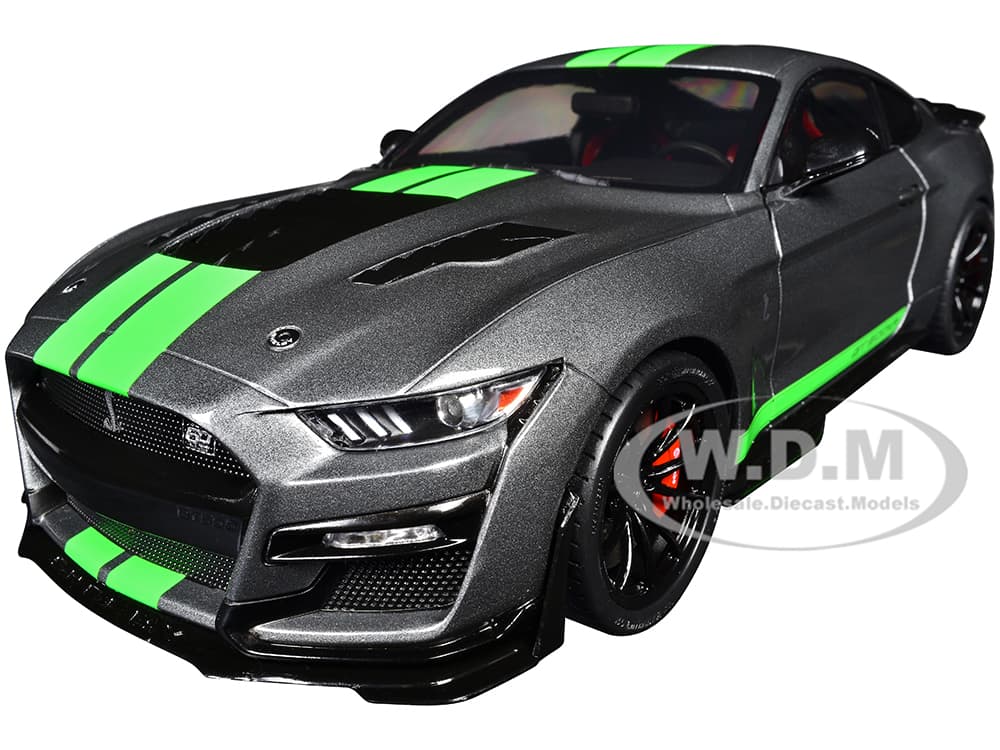 2020 Ford Shelby Mustang GT500 Carbonized Gray Metallic with Neon Green Stripes 1/18 Diecast Model Car by Solido