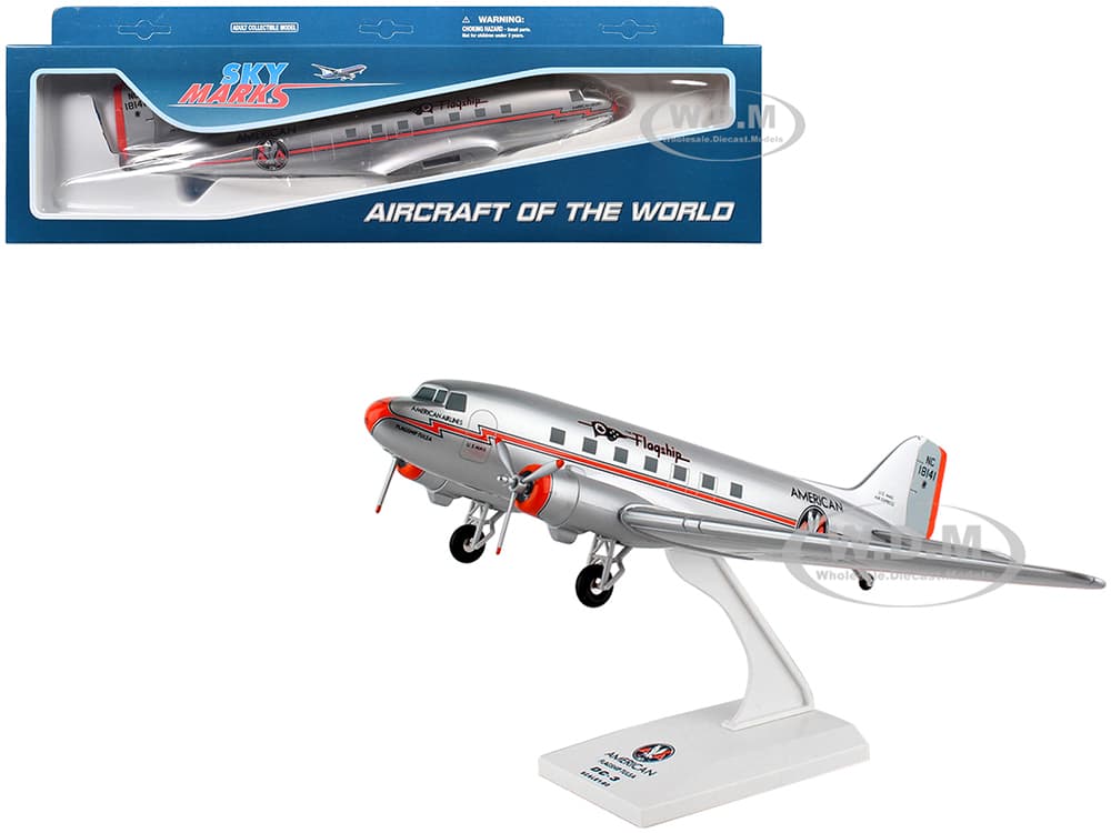 Douglas DC-3 Commercial Aircraft with Landing Gear "American Airlines - Flagship Tulsa" (NC-18141) Silver with Red Stripes (Snap-Fit) 1/80 plastic mo