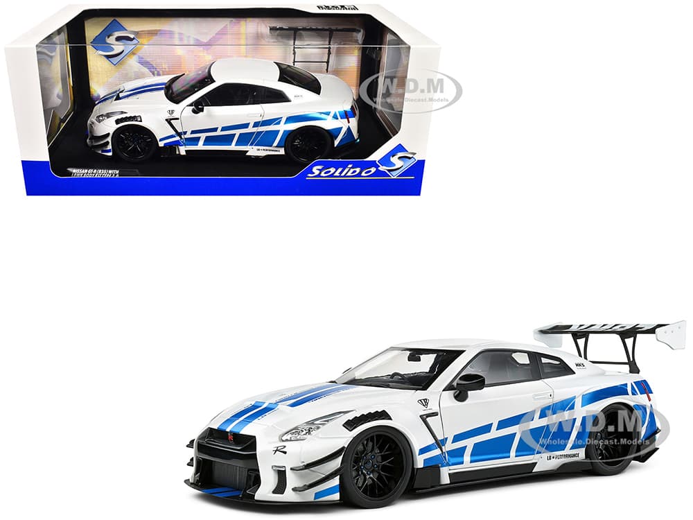 2024 Nissan GT-R (R35) RHD (Right Hand Drive) with Liberty Walk 2.0 Body Kit White Metallic with Blue Stripes "For Paul Tribute" 1/18 Diecast Model C