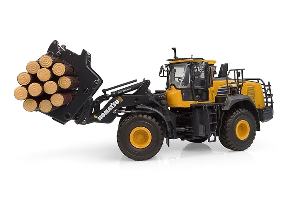 Komatsu WA475-10 Wheel Loader Yellow with Log Grapple and Log Accessories 1/50 Diecast Model by Universal Hobbies