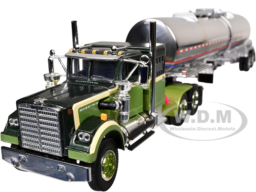 Western Star 4900 with 36" Vintage Flat Top Sleeper and Brenner Chemical Tank Trailer Olive and Dark Green Two-Tone 1/64 Diecast Model by DCP/First G