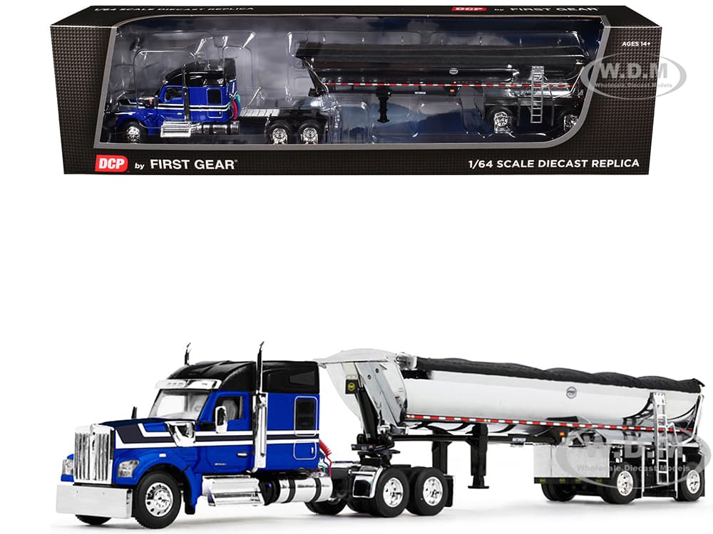 Kenworth W990 76" Mid-Roof Sleeper and MAC Half Round End Dump Trailer Blue and Black 1/64 Diecast Model by DCP/First Gear