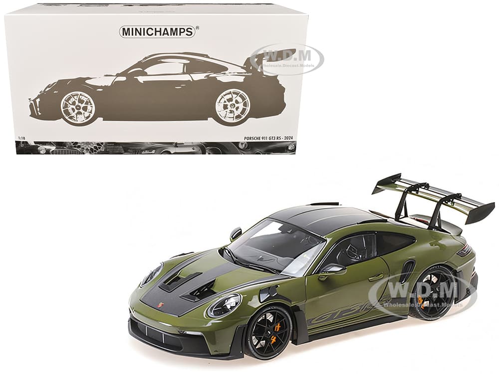 2024 Porsche 911 GT3 RS Nato Olive with Carbon Top and Hood Stripes Limited Edition to 400 pieces Worldwide 1/18 Diecast Model Car by Minichamps