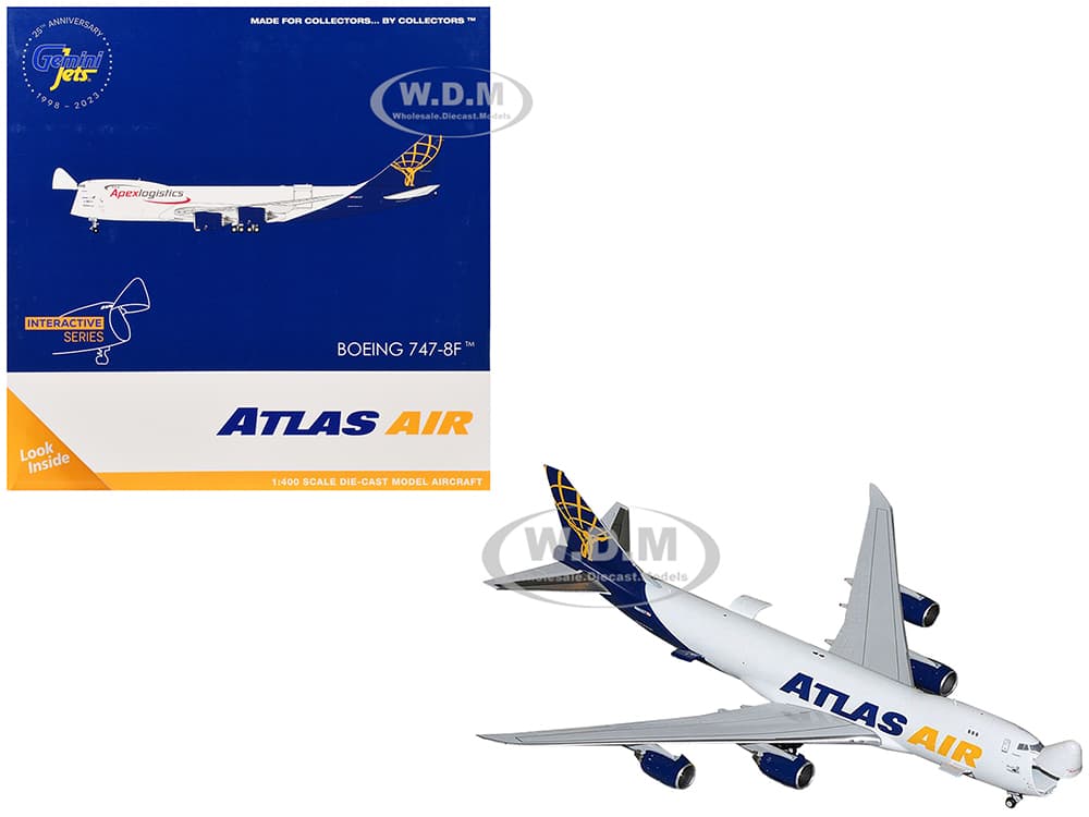 Boeing 747-8F Commercial Aircraft "Atlas Air - Apex Logistics" (N863GT) White with Blue Tail "Interactive Series" 1/400 Diecast Model Airplane by Gem
