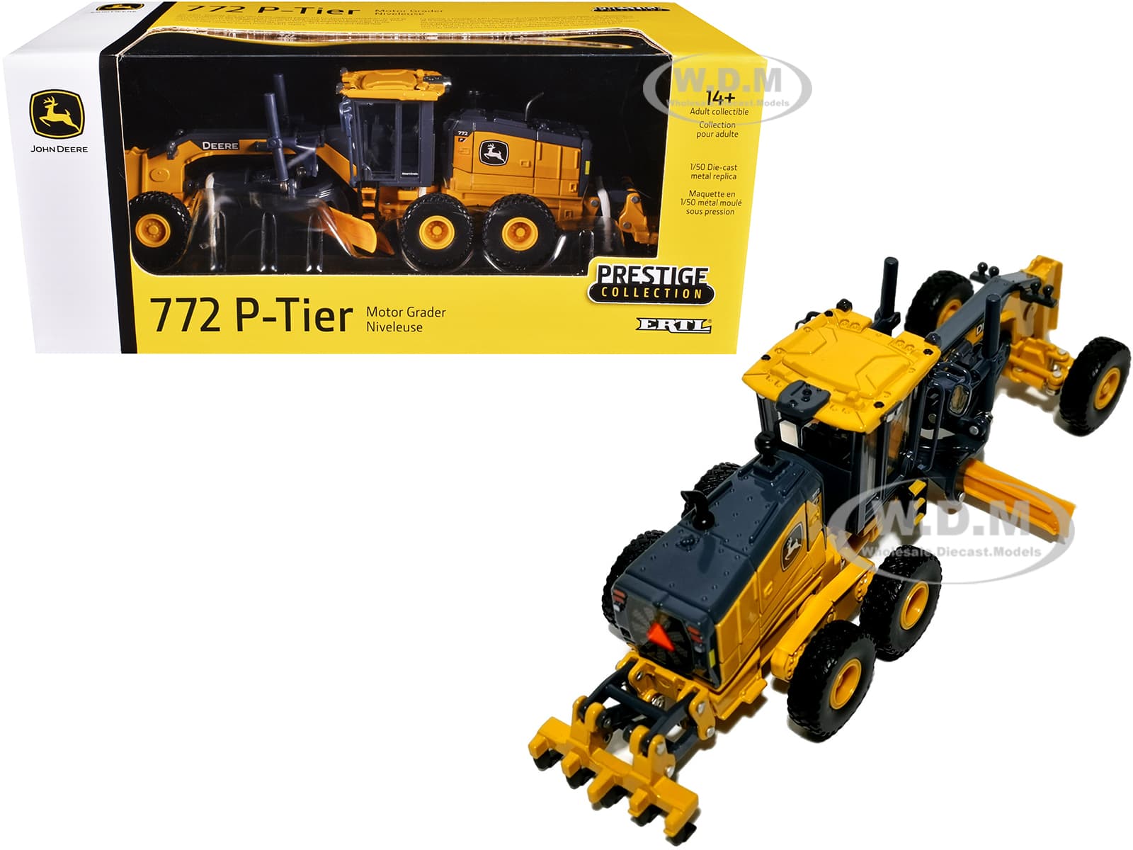 John Deere 772 P-Tier Motor Grader Yellow and Gray "Prestige Collection" 1/50 Diecast Model by ERTL TOMY