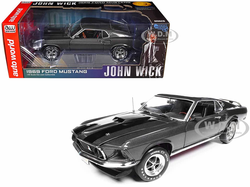 1969 Ford Mustang Dark Gray Metallic with Black Stripes "John Wick" (2014) Movie "Silver Screen Machines" Series 1/18 Diecast Model Car by Auto World