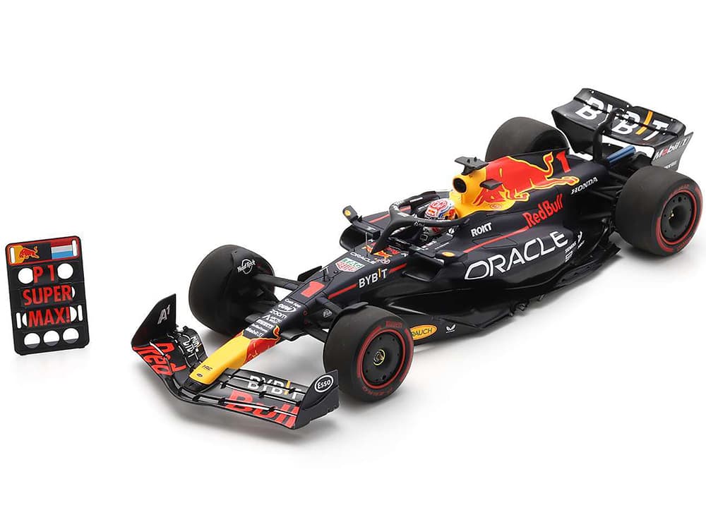 Red Bull Racing RB19 1 Max Verstappen "Oracle" Winner Formula One F1 "British GP" (2023) with Pit Board and Acrylic Display Case 1/18 Model Car by Sp