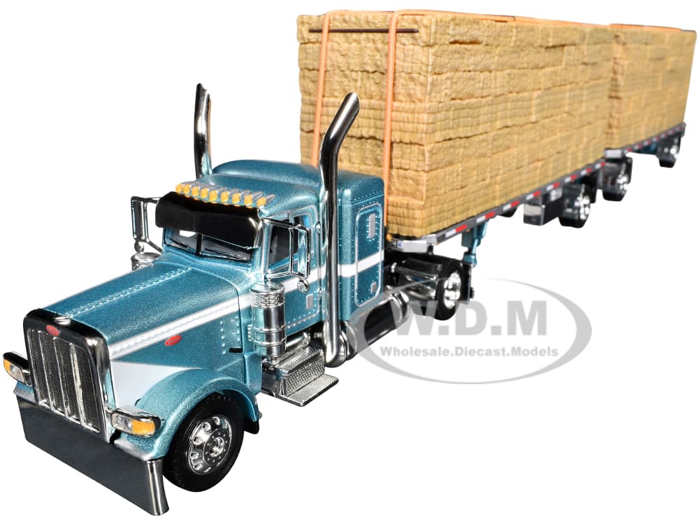 Peterbilt 389 36" Flat Top Sleeper with Utility Dual 28.5 Flatbed Trailers with Hay Loads Pacific Blue Metallic with White Stripes 1/64 Diecast Model