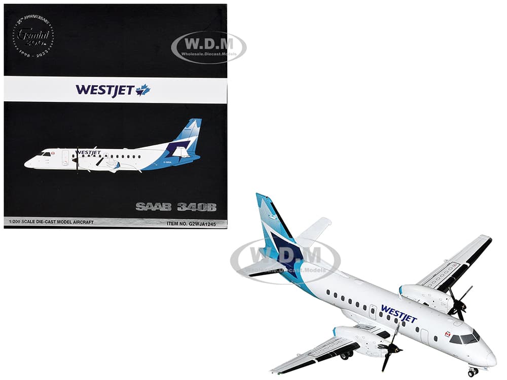 Saab 340B Commercial Aircraft "WestJet" (C-GOIA) White with Blue Stripes and Tail "Gemini 200" Series 1/200 Diecast Model Airplane by GeminiJets