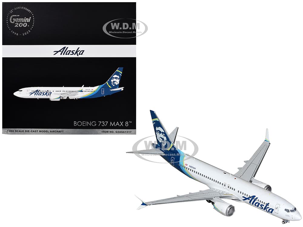 Boeing 737 MAX 8 Commercial Aircraft "Alaska Airlines" (N801AK) White with Blue Tail "Gemini 200" Series 1/200 Diecast Model Airplane by GeminiJets