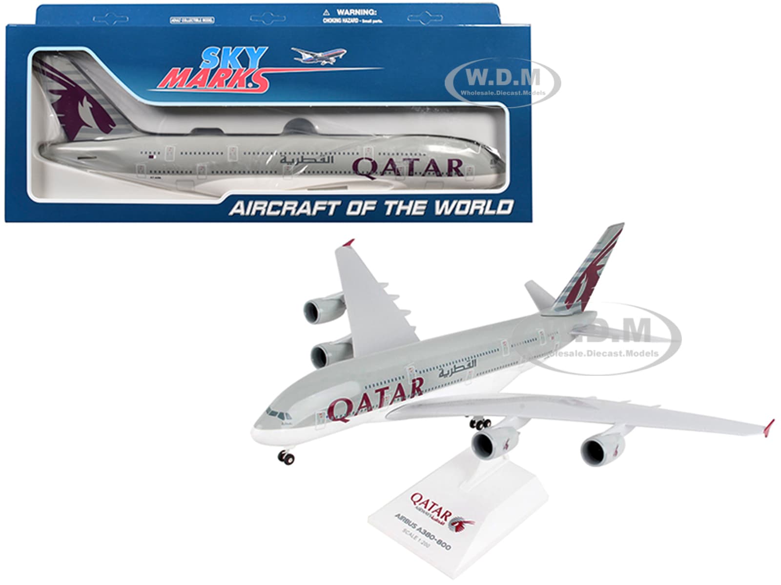 Airbus A380 Commercial Aircraft "Qatar Airways" (A7-APA) Gray with Tail Graphics (Snap-Fit) 1/200 Plastic Model by Skymarks