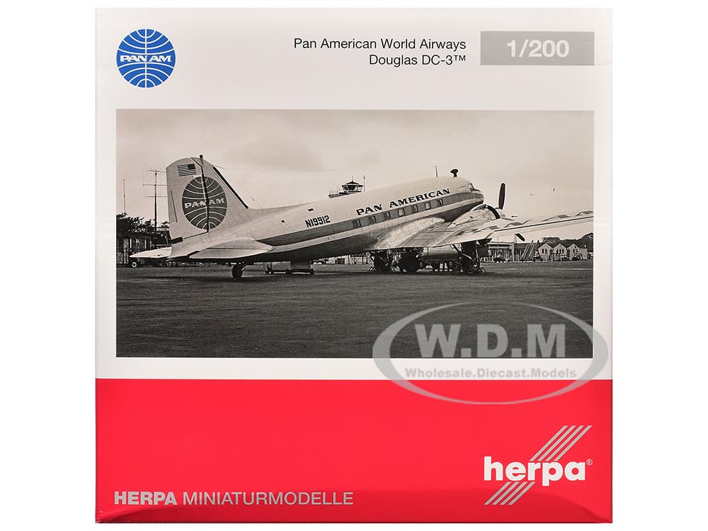 Douglas DC-3 Commercial Aircraft "Pan American World Airways" (N19912) White with Blue Stripes 1/200 Diecast Model Airplane by Herpa