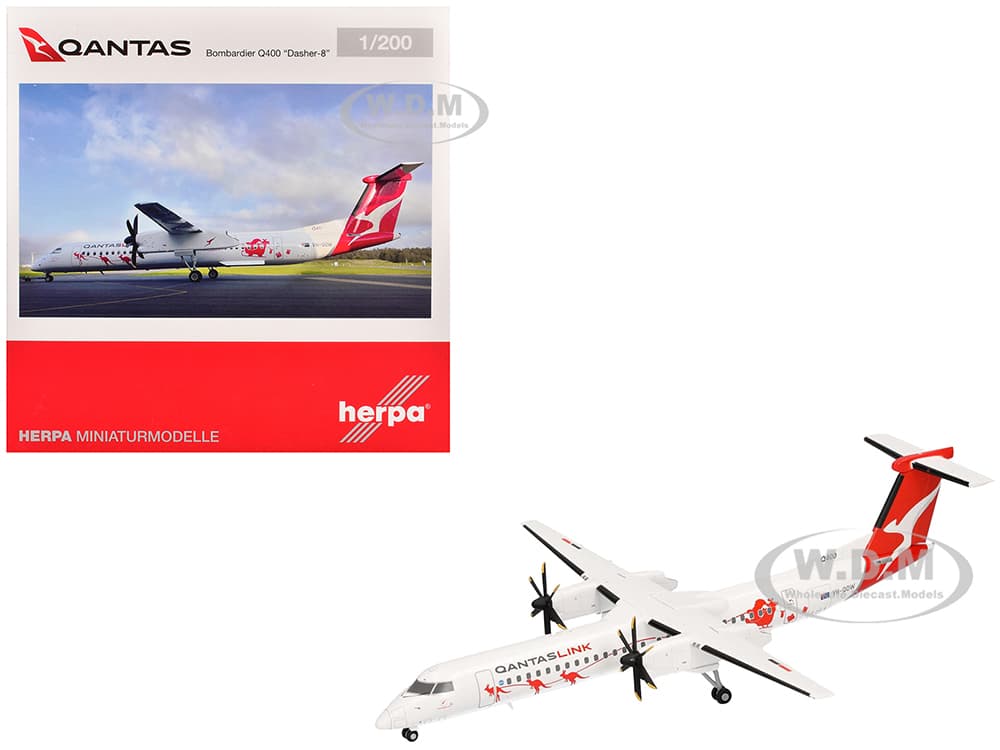 Bombardier Q400 Commercial Aircraft "QantasLink - Dasher-8 Livery" (VH-QOW) White with Graphics 1/200 Diecast Model Airplane by Herpa