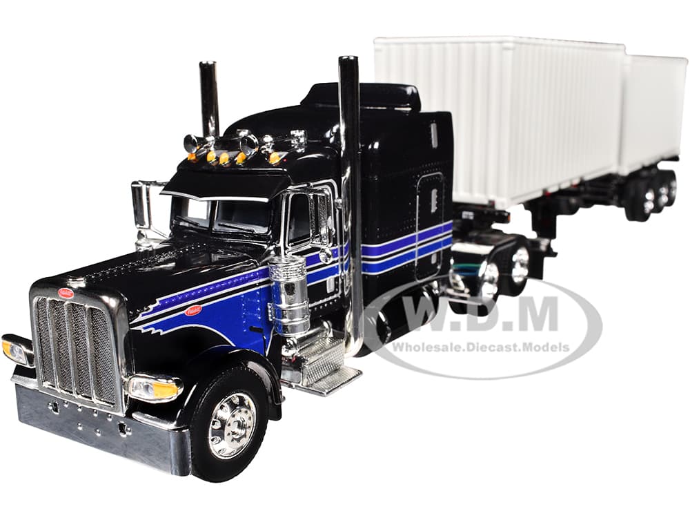 Peterbilt 389 with 63" Mid-Roof Sleeper and Container Trailer and Two 20 Dry Goods Containers Jet Black with Stripes "DCP Exclusive" Series 1/64 Diec