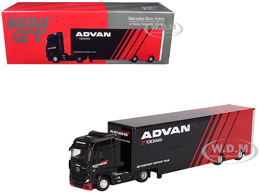Mercedes-Benz Actros with Racing Transporter Red and Black "ADVAN" 1/64 Diecast Model by Mini GT