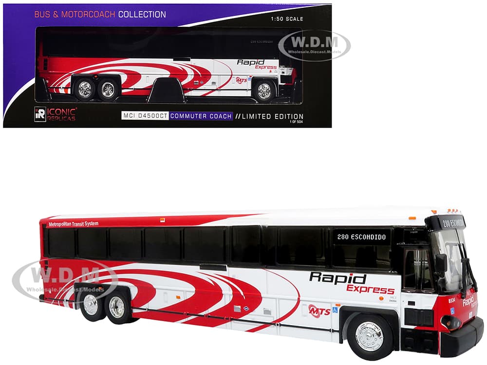 MCI D4500CT Commuter Coach Bus "San Diego MTS Rapid Express" White and Red "The Bus &amp; Motorcoach Collection" Limited Edition to 504 pieces Worldw