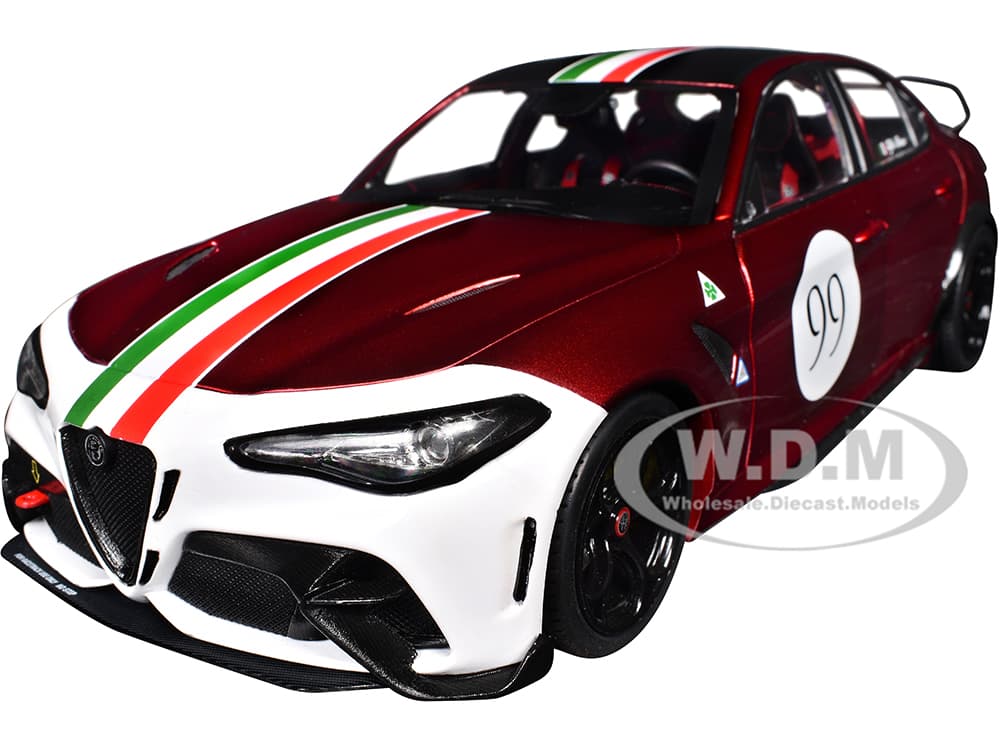 2022 Alfa Romeo Giulia GTAm 99 Red Metallic with Black Top and Italian Flag Stripes "Mugello 1969" Livery "Competition" Series 1/18 Diecast Model Car