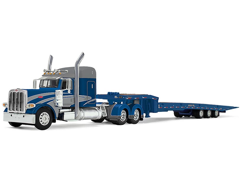 Peterbilt 389 with 48" Mid-Roof Sleeper and Talbert 5553T Traveling Axle Trailer Rich Blue and Silver 1/64 Diecast Model by DCP/First Gear