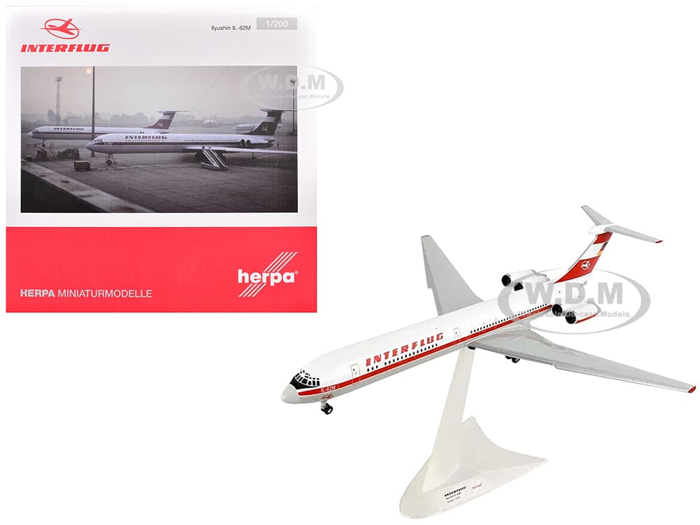 Ilyushin IL-62M Commercial Aircraft "Interflug" (DDR-SEO) White with Red Stripes and Tail 1/200 Diecast Model Airplane by Herpa
